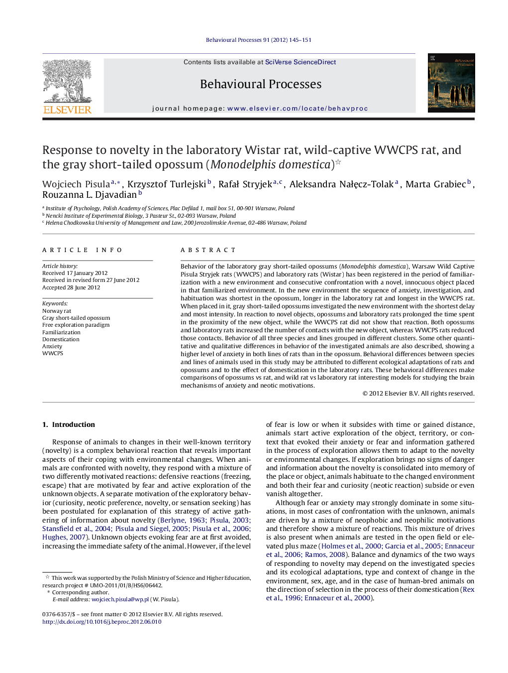 Response to novelty in the laboratory Wistar rat, wild-captive WWCPS rat, and the gray short-tailed opossum (Monodelphis domestica) 