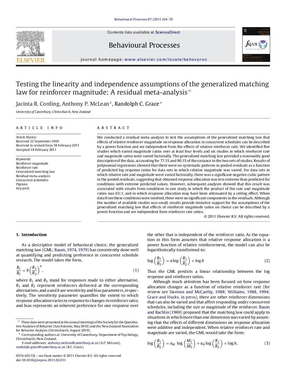 Testing the linearity and independence assumptions of the generalized matching law for reinforcer magnitude: A residual meta-analysis 