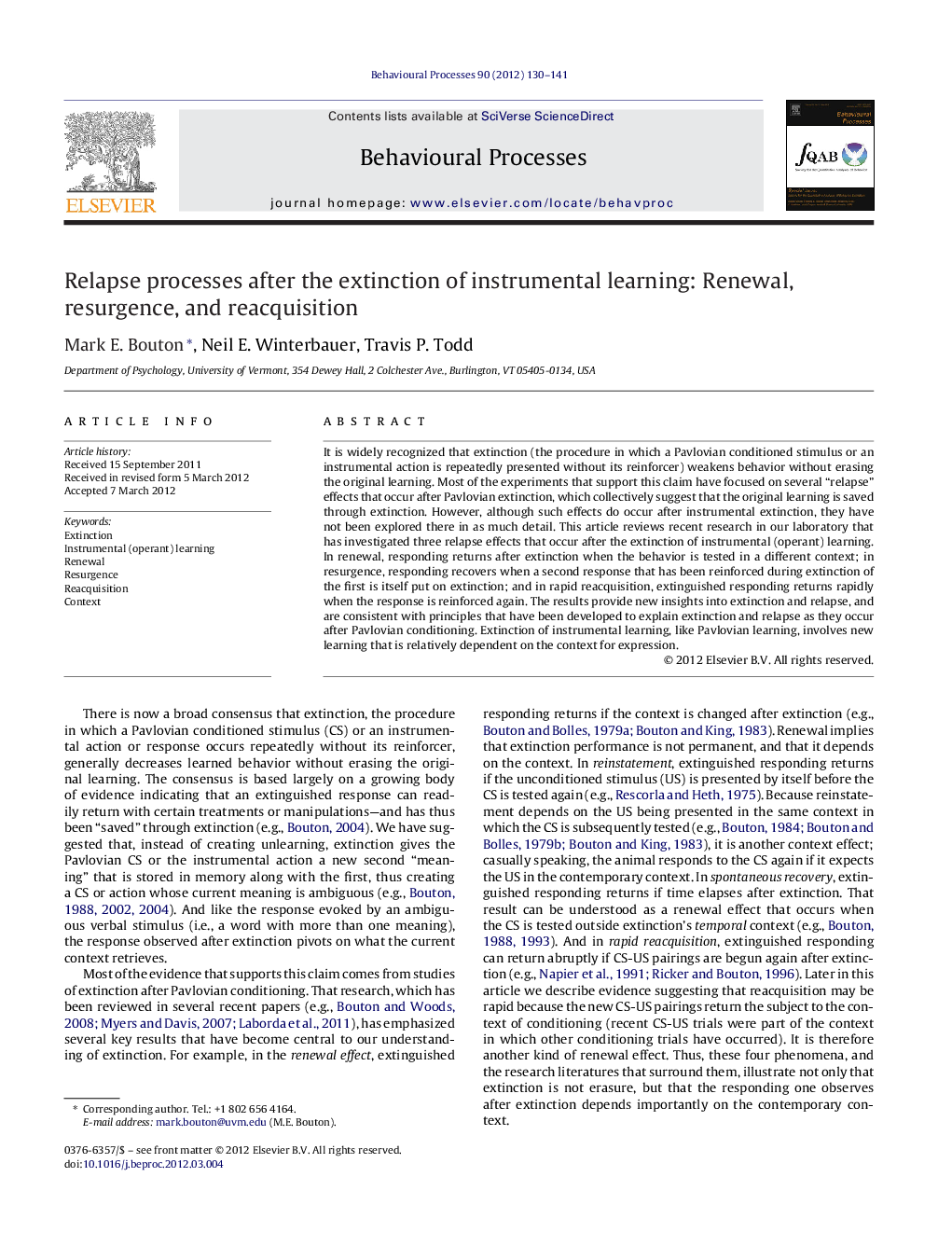 Relapse processes after the extinction of instrumental learning: Renewal, resurgence, and reacquisition