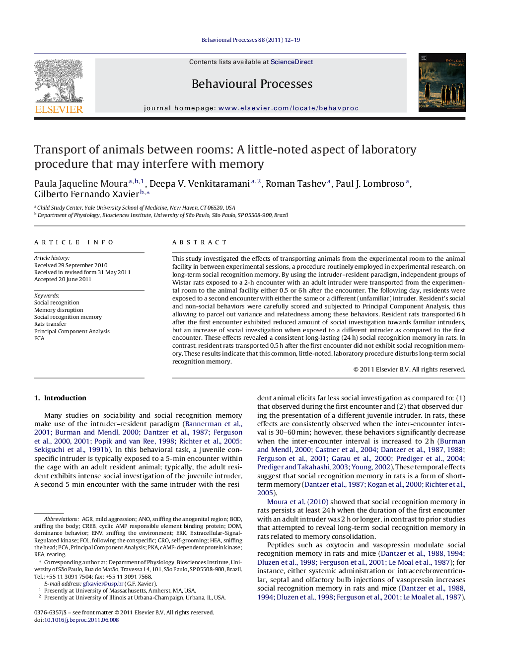 Transport of animals between rooms: A little-noted aspect of laboratory procedure that may interfere with memory