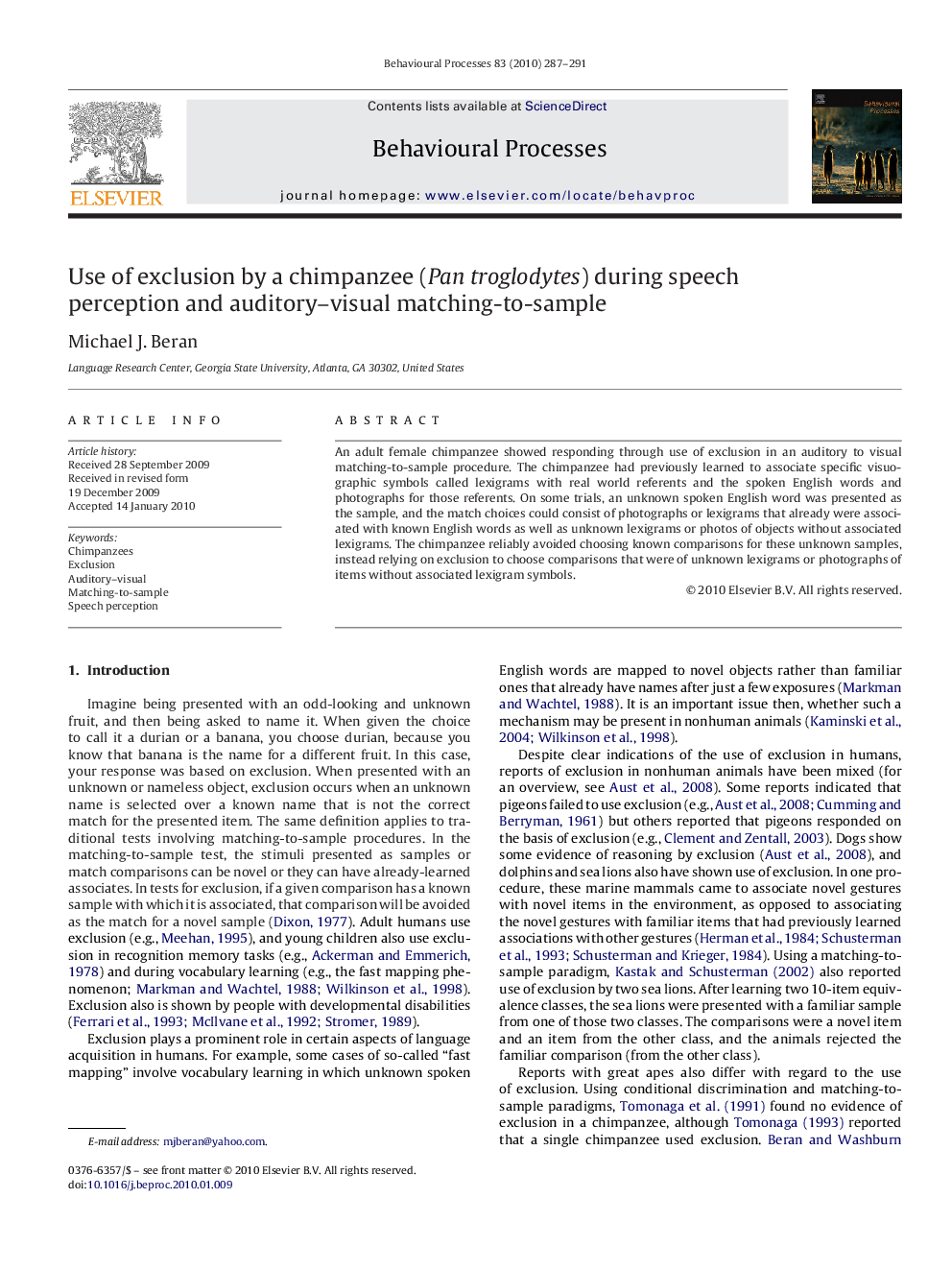 Use of exclusion by a chimpanzee (Pan troglodytes) during speech perception and auditory-visual matching-to-sample