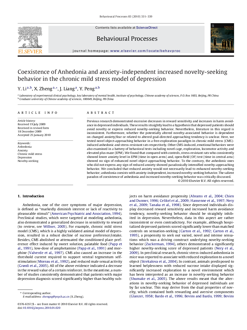 Coexistence of Anhedonia and anxiety-independent increased novelty-seeking behavior in the chronic mild stress model of depression