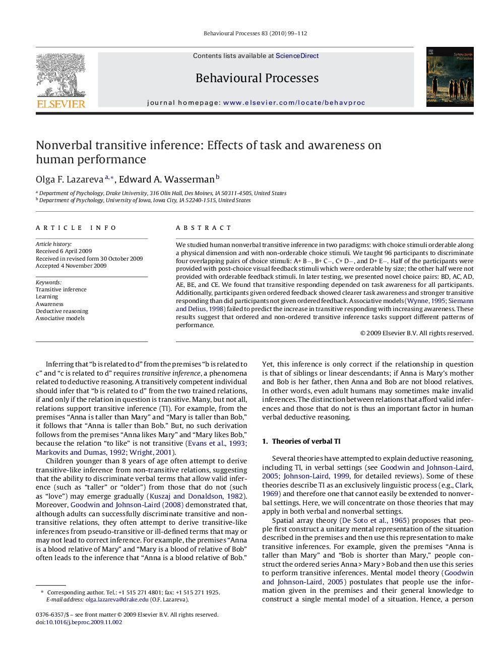 Nonverbal transitive inference: Effects of task and awareness on human performance