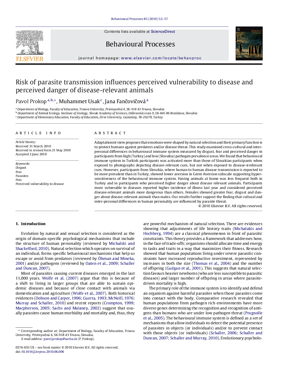 Risk of parasite transmission influences perceived vulnerability to disease and perceived danger of disease-relevant animals