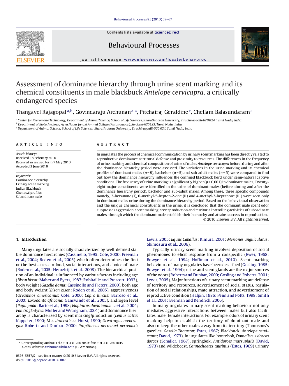 Assessment of dominance hierarchy through urine scent marking and its chemical constituents in male blackbuck Antelope cervicapra, a critically endangered species