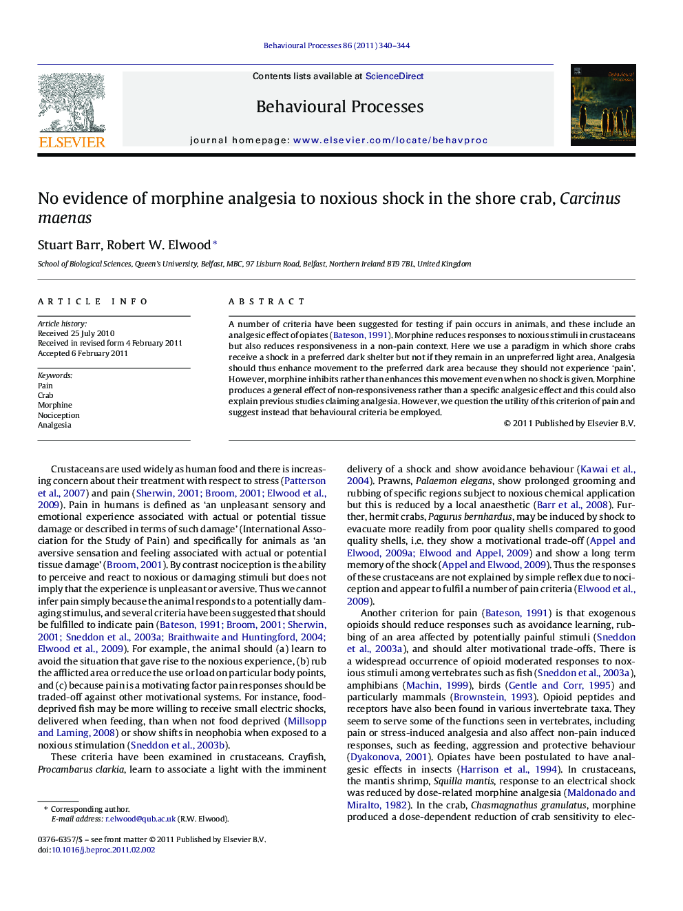 No evidence of morphine analgesia to noxious shock in the shore crab, Carcinus maenas