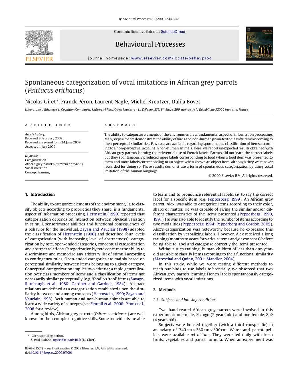 Spontaneous categorization of vocal imitations in African grey parrots (Psittacus erithacus)