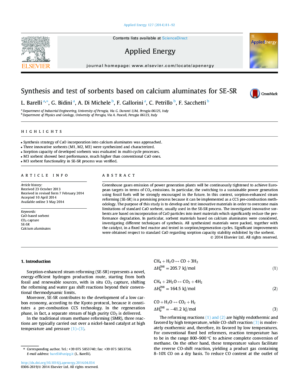 Synthesis and test of sorbents based on calcium aluminates for SE-SR