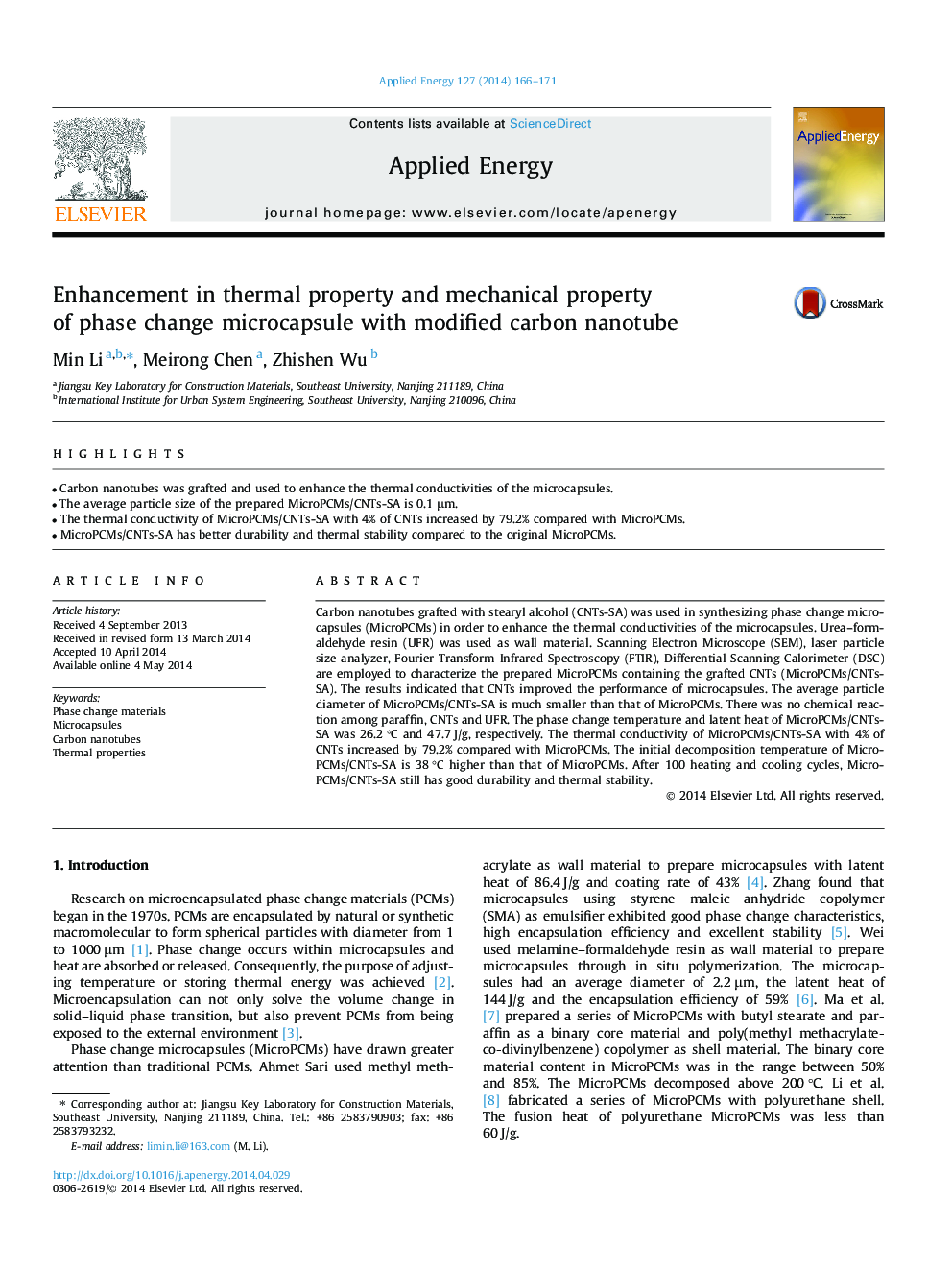 Enhancement in thermal property and mechanical property of phase change microcapsule with modified carbon nanotube