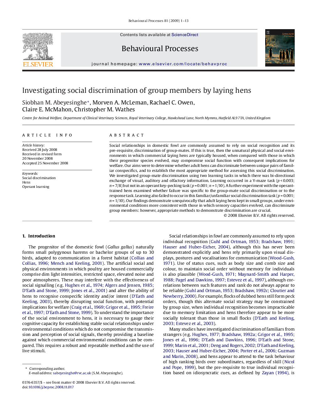 Investigating social discrimination of group members by laying hens