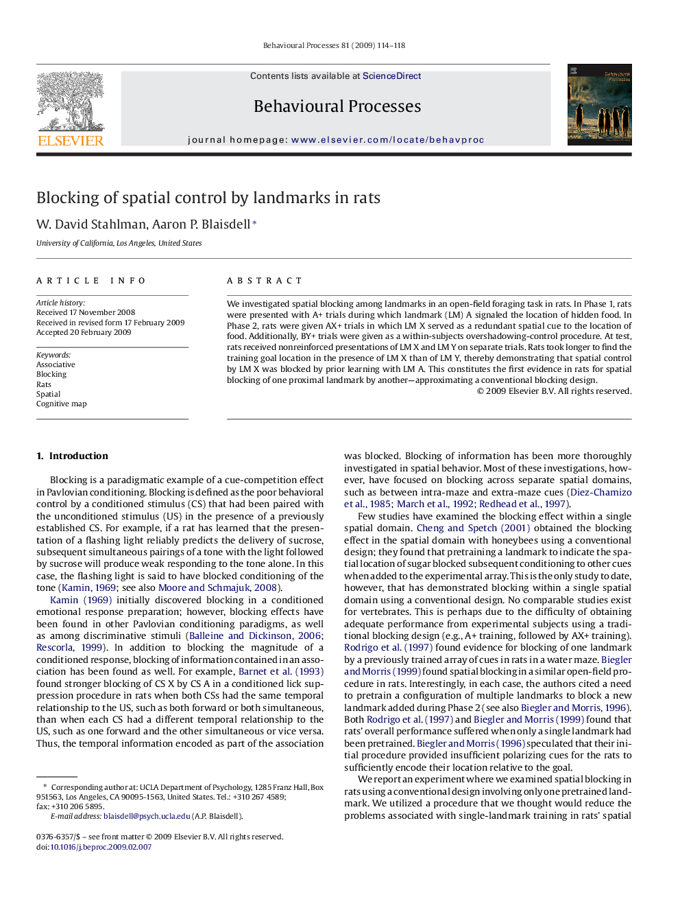 عکس صفحه اول مقاله: Blocking of spatial control by landmarks in rats Blocking of spatial control by landmarks in rats