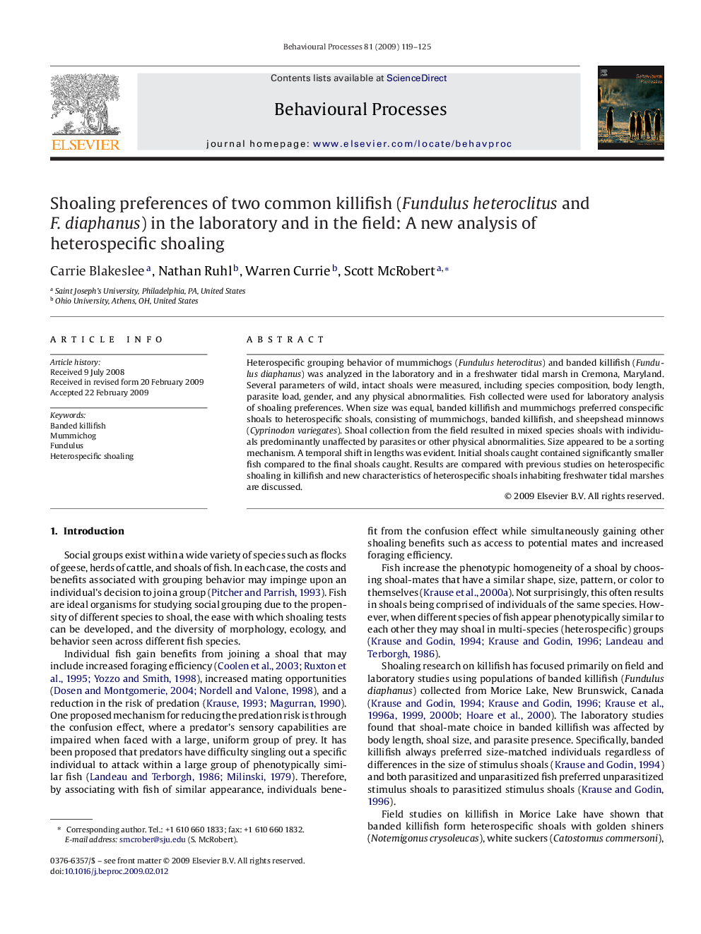 Shoaling preferences of two common killifish (Fundulus heteroclitus and F. diaphanus) in the laboratory and in the field: A new analysis of heterospecific shoaling