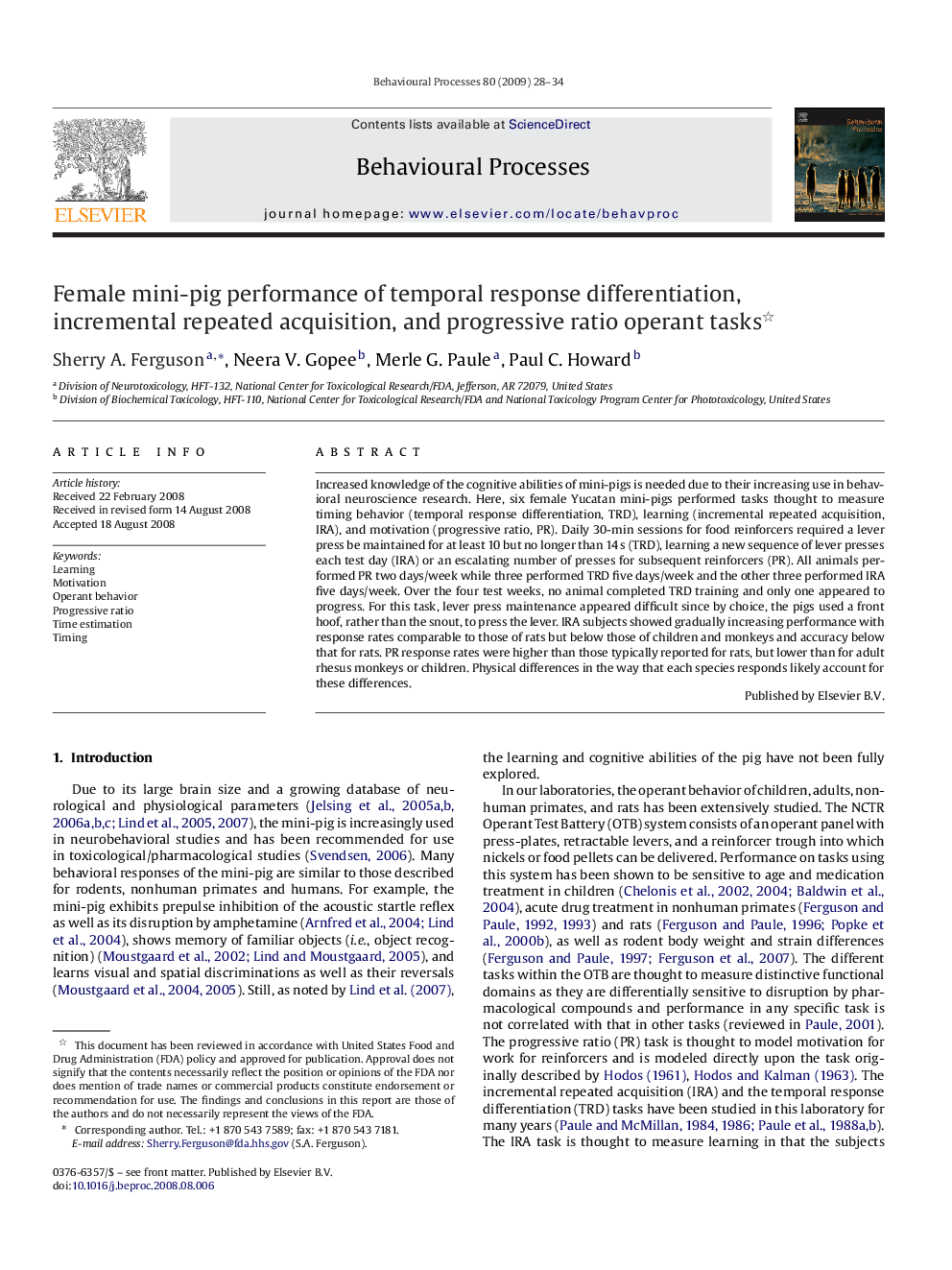 Female mini-pig performance of temporal response differentiation, incremental repeated acquisition, and progressive ratio operant tasks 