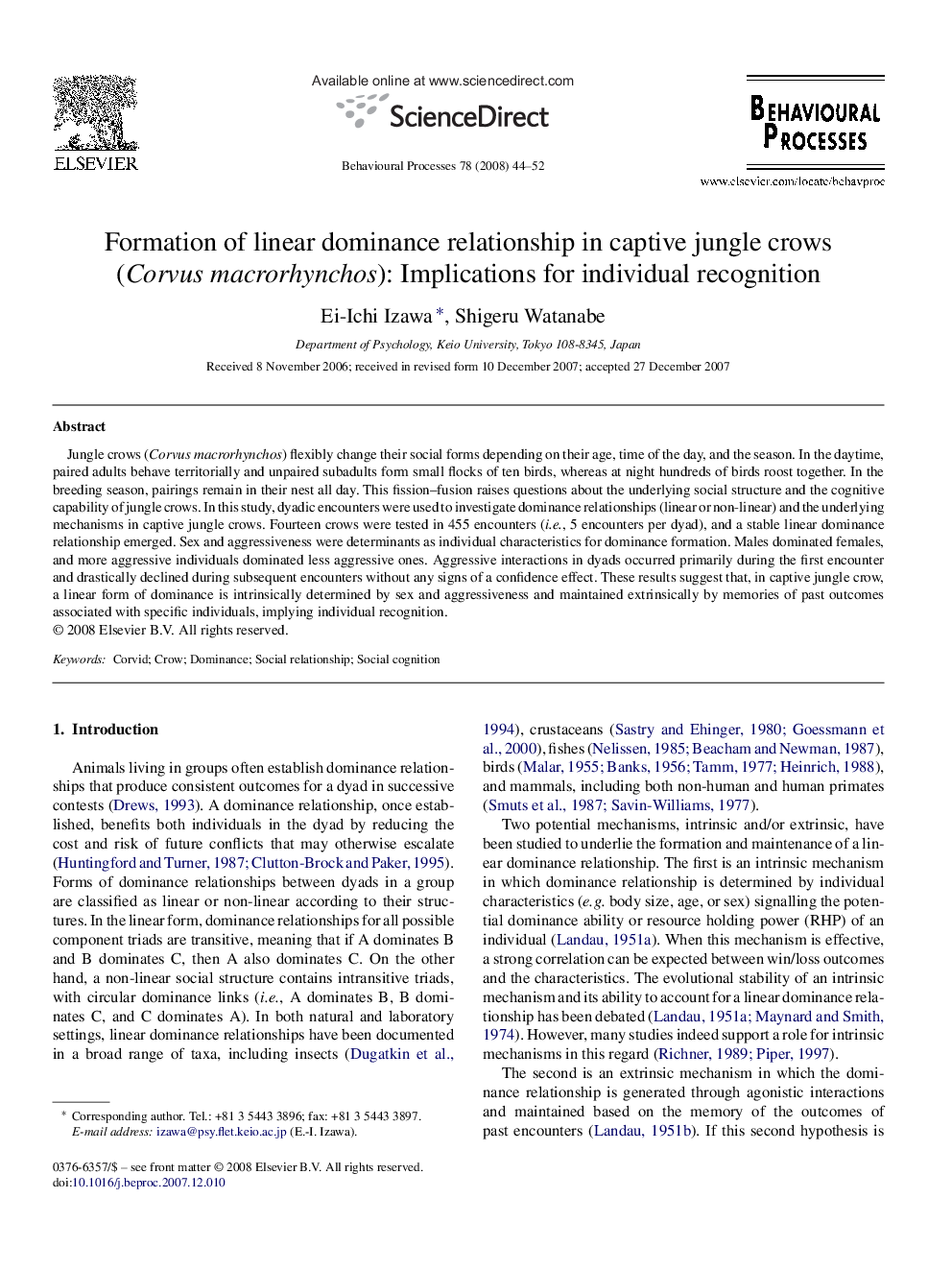 Formation of linear dominance relationship in captive jungle crows (Corvus macrorhynchos): Implications for individual recognition