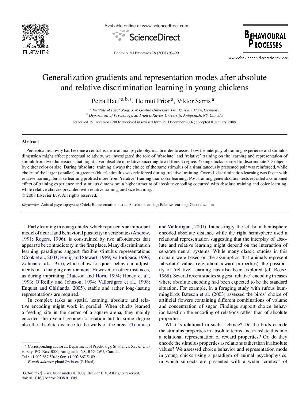 Generalization gradients and representation modes after absolute and relative discrimination learning in young chickens