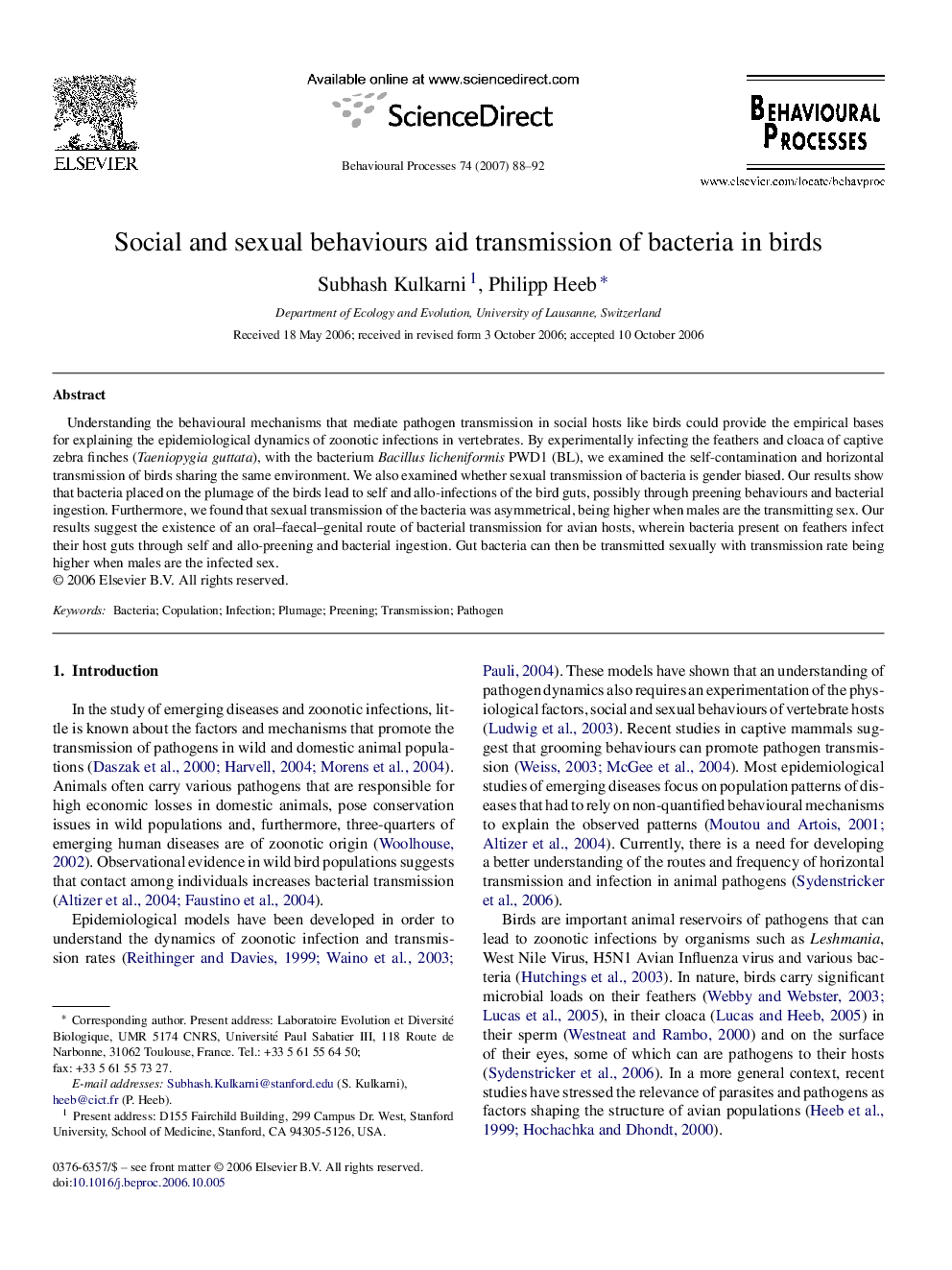 عکس صفحه اول مقاله: Social and sexual behaviours aid transmission of bacteria in birds Social and sexual behaviours aid transmission of bacteria in birds
