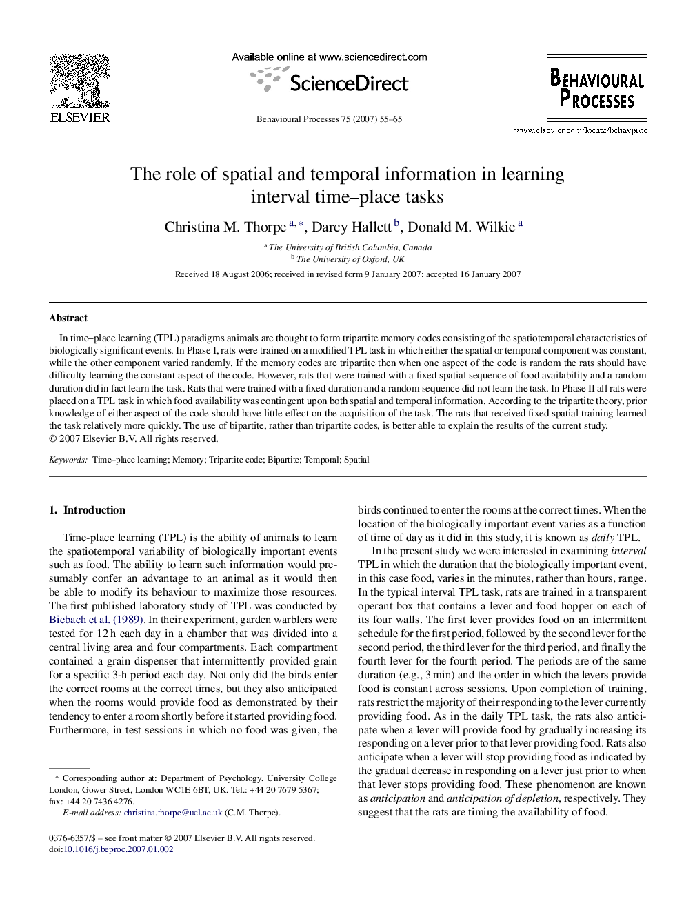 The role of spatial and temporal information in learning interval time–place tasks