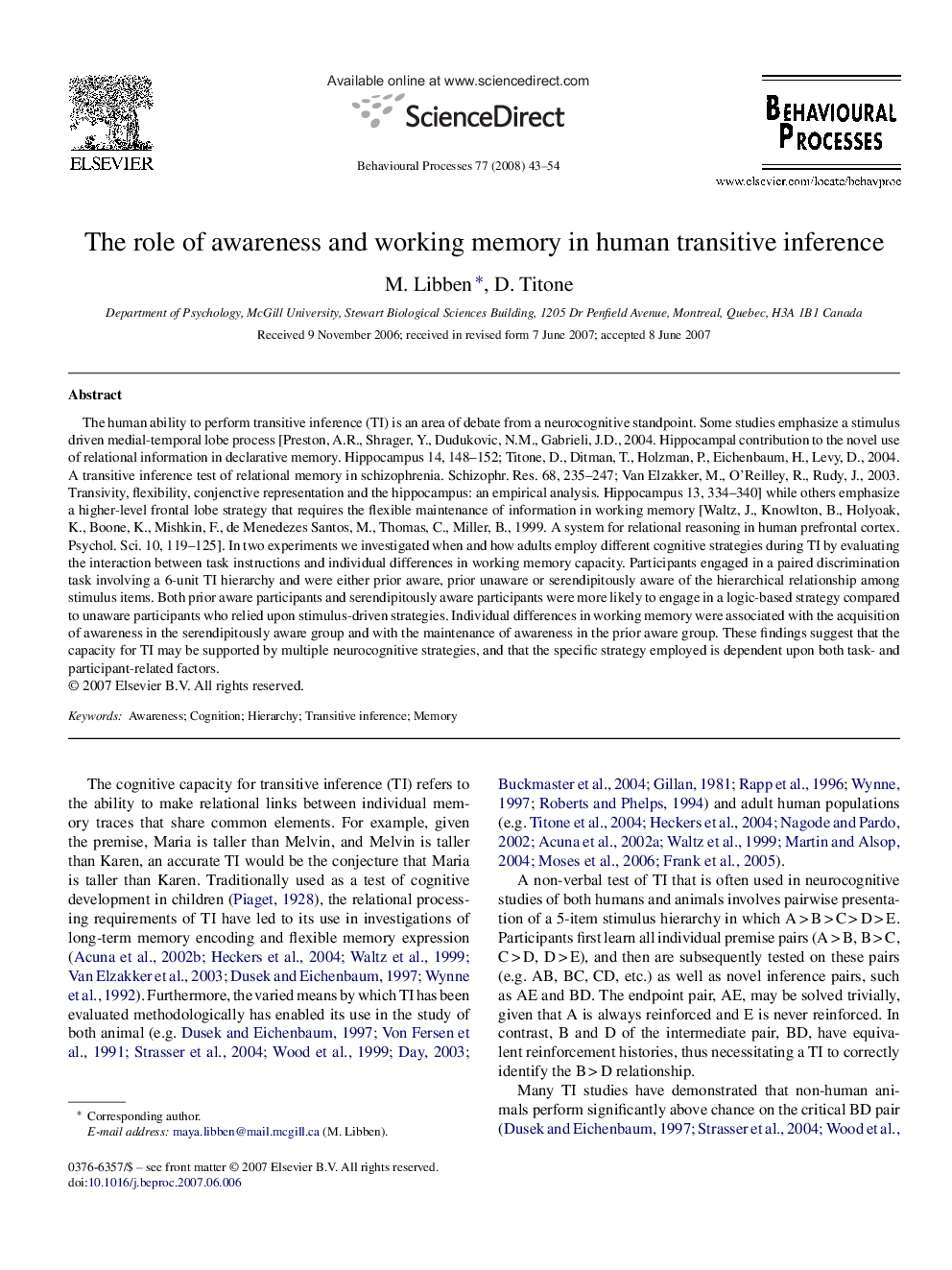 The role of awareness and working memory in human transitive inference