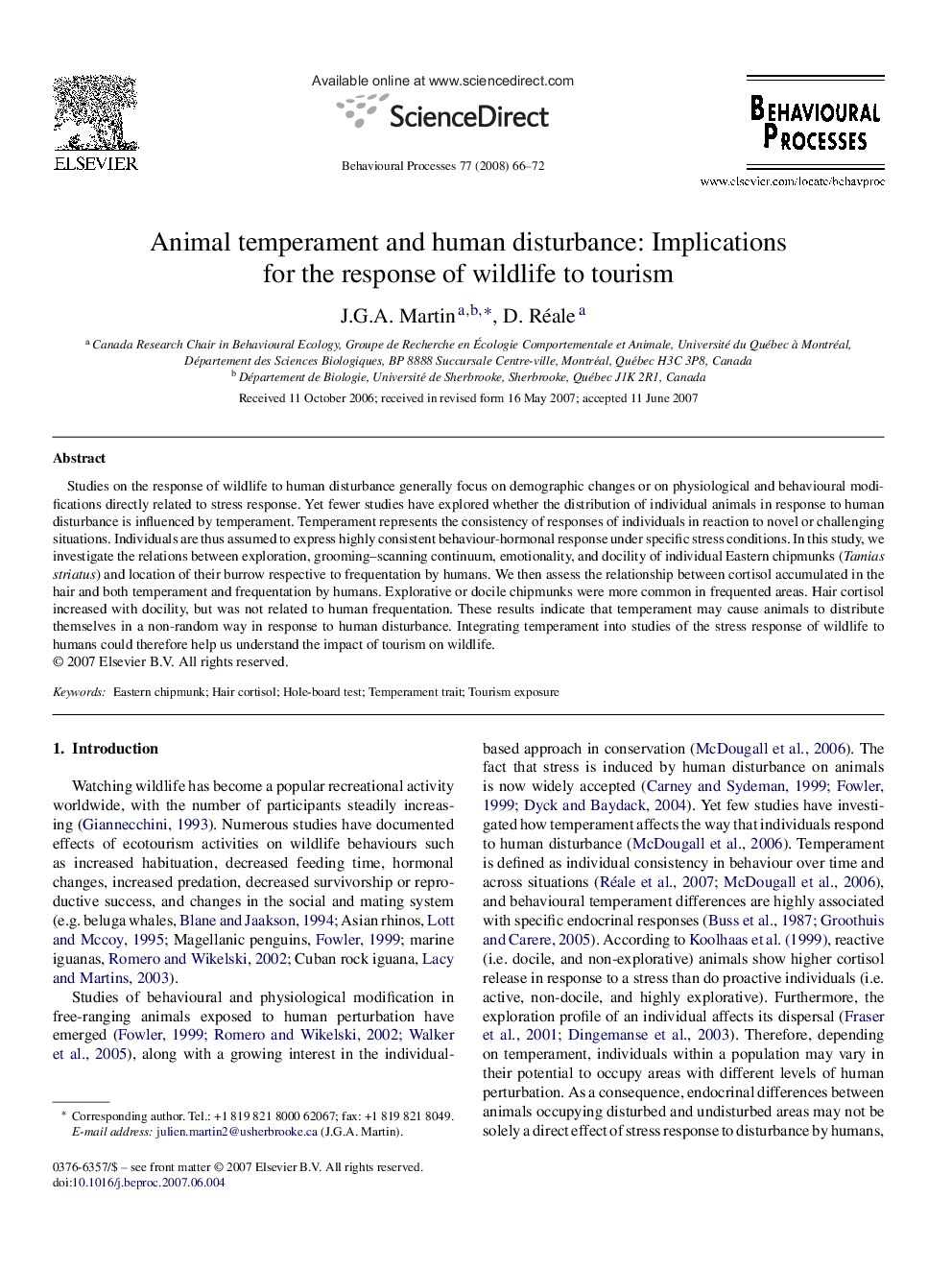 Animal temperament and human disturbance: Implications for the response of wildlife to tourism