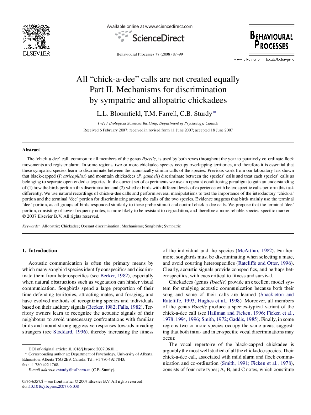 All “chick-a-dee” calls are not created equally: Part II. Mechanisms for discrimination by sympatric and allopatric chickadees