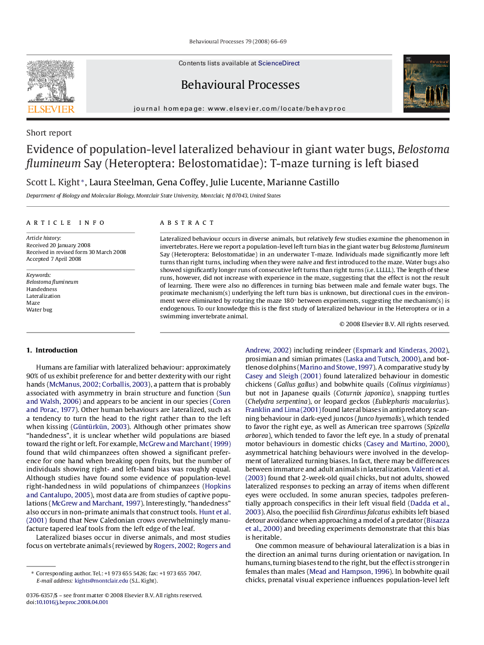 Evidence of population-level lateralized behaviour in giant water bugs, Belostoma flumineum Say (Heteroptera: Belostomatidae): T-maze turning is left biased