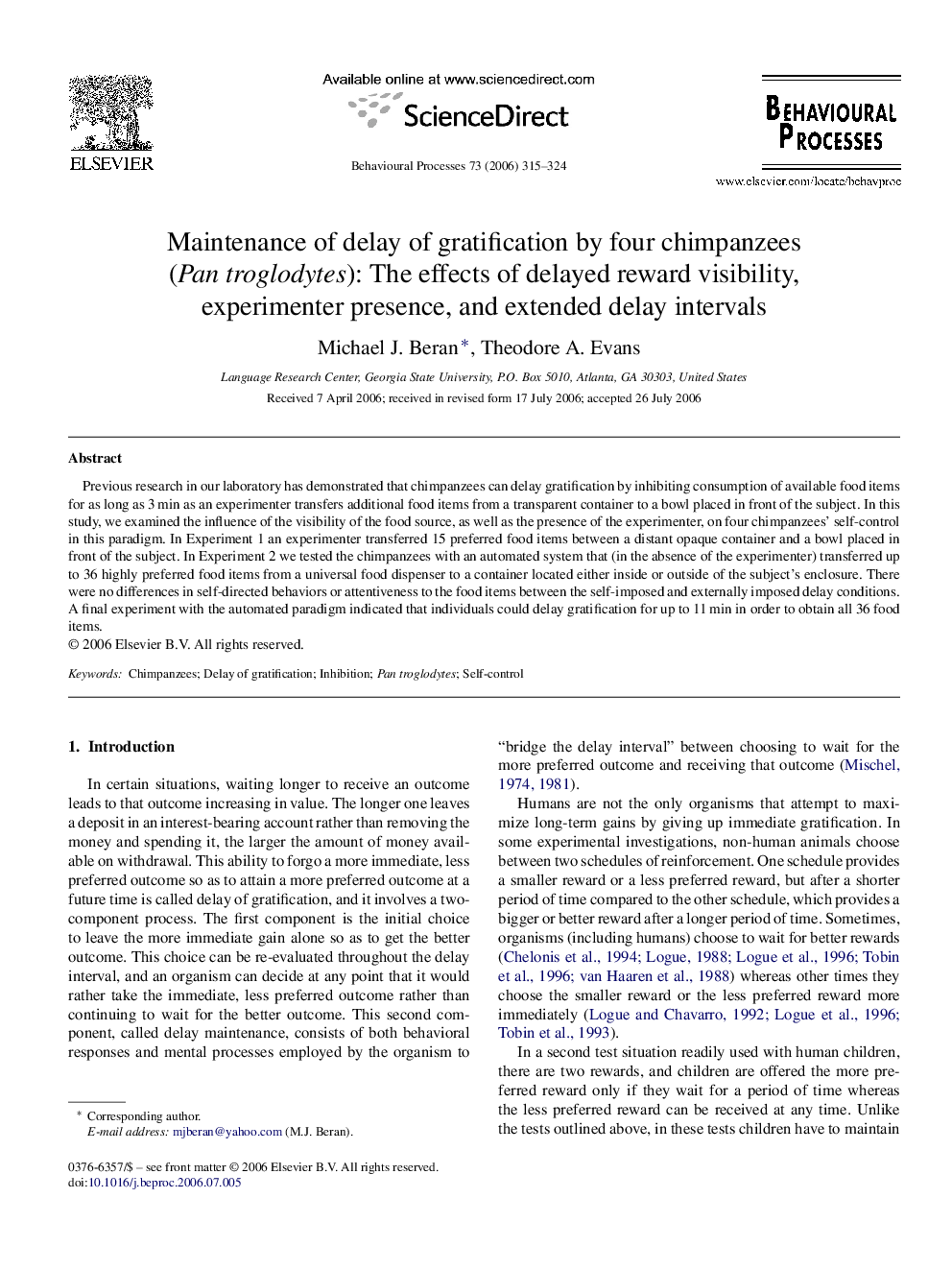 Maintenance of delay of gratification by four chimpanzees (Pan troglodytes): The effects of delayed reward visibility, experimenter presence, and extended delay intervals