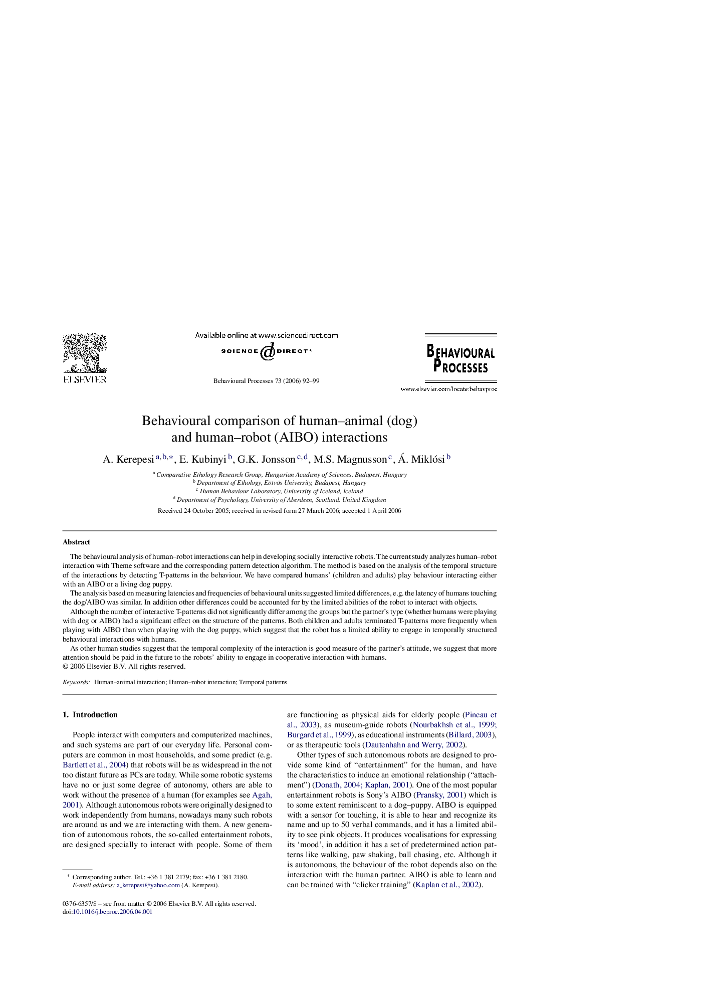 Behavioural comparison of human–animal (dog) and human–robot (AIBO) interactions