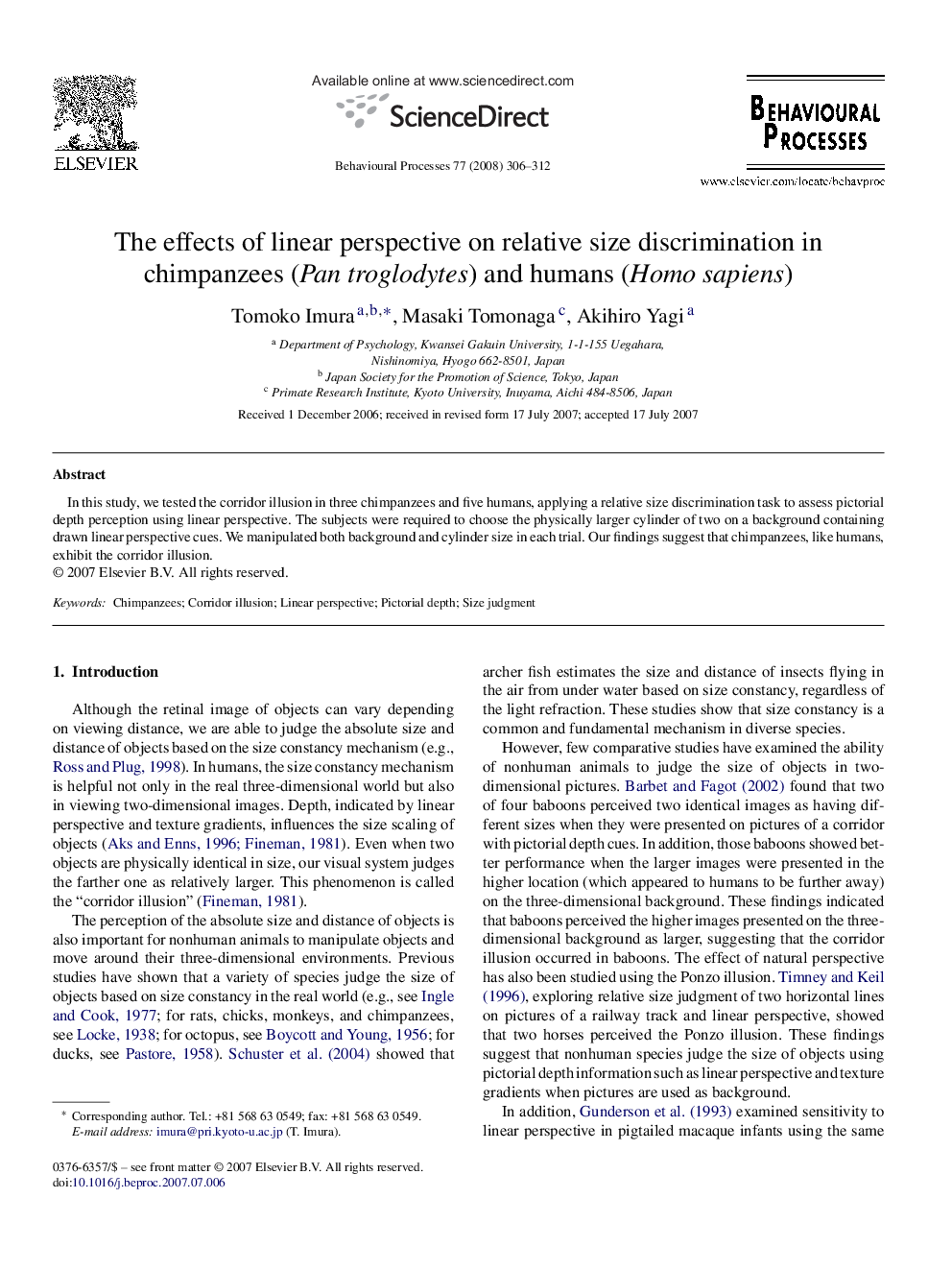 The effects of linear perspective on relative size discrimination in chimpanzees (Pan troglodytes) and humans (Homo sapiens)