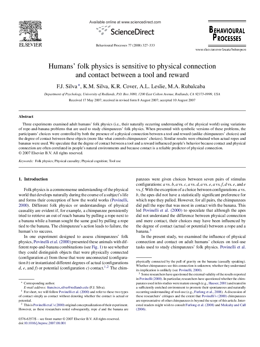 Humans’ folk physics is sensitive to physical connection and contact between a tool and reward