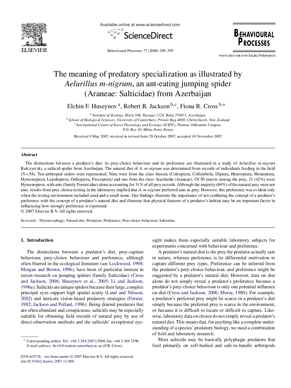 The meaning of predatory specialization as illustrated by Aelurillus m-nigrum, an ant-eating jumping spider (Araneae: Salticidae) from Azerbaijan