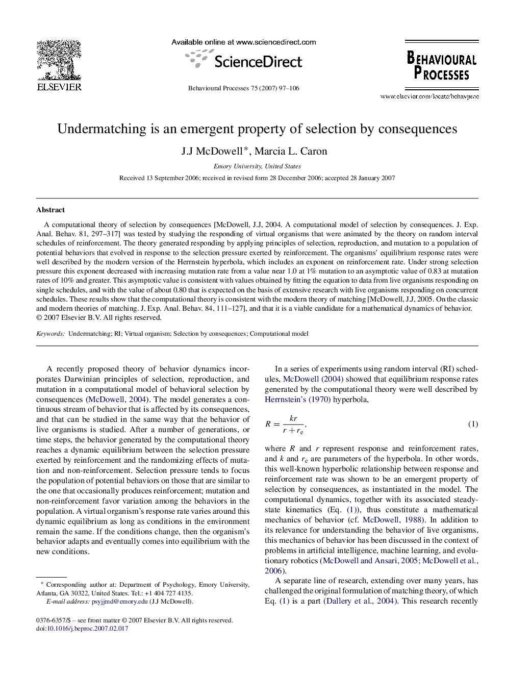 Undermatching is an emergent property of selection by consequences