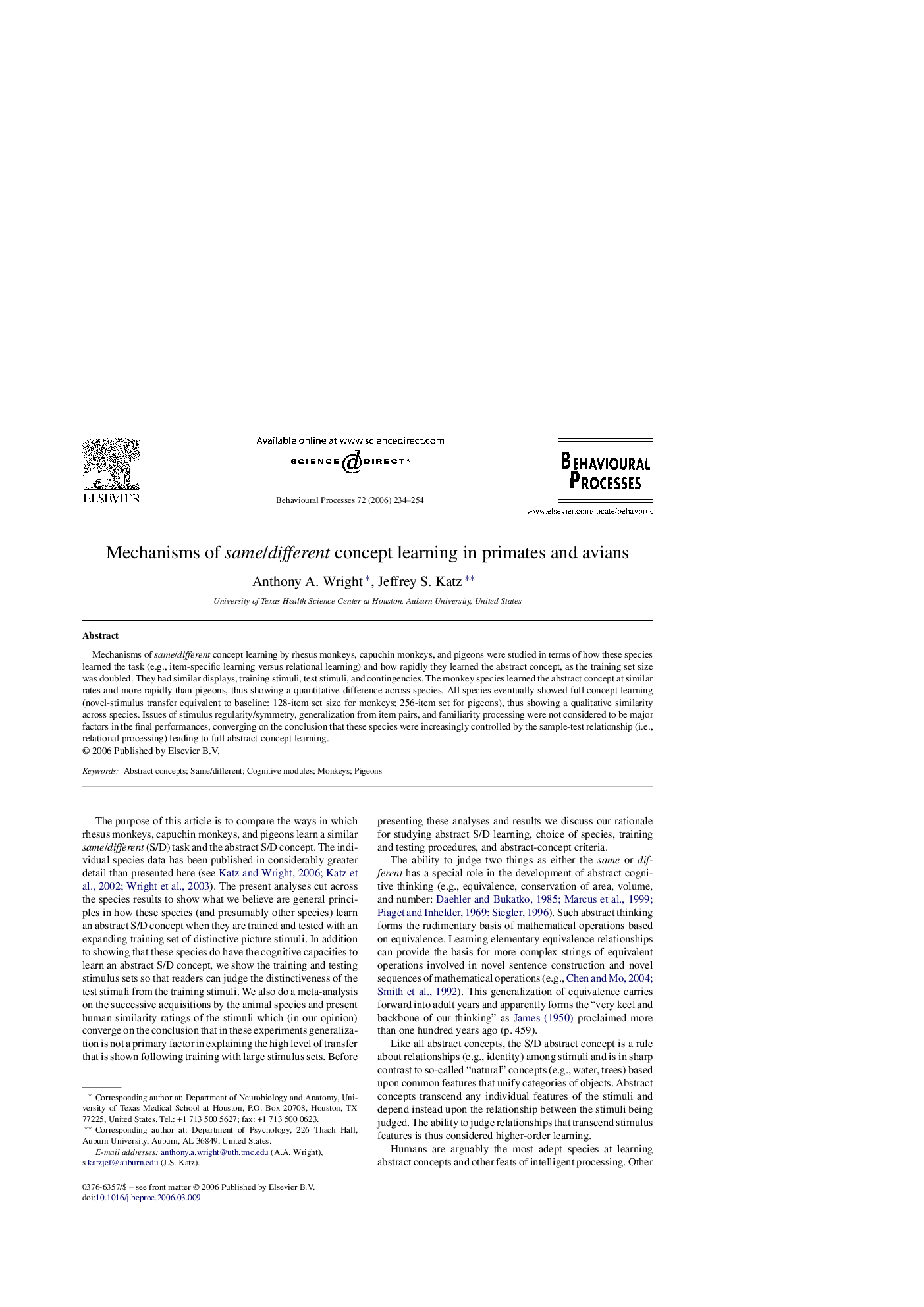 Mechanisms of same/different concept learning in primates and avians