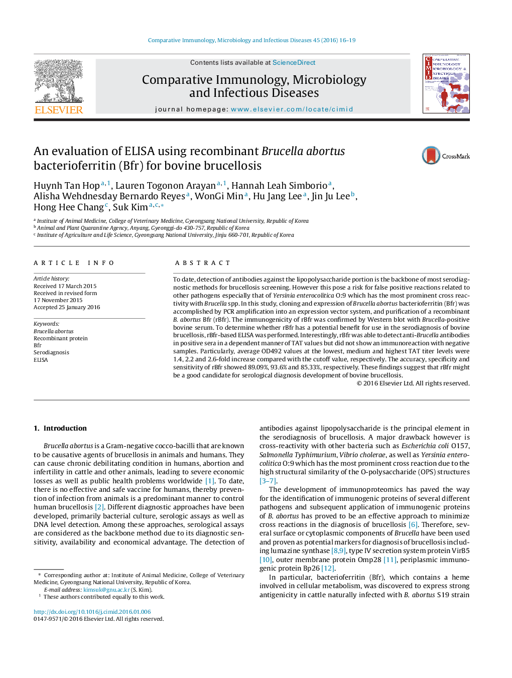 An evaluation of ELISA using recombinant Brucella abortus bacterioferritin (Bfr) for bovine brucellosis