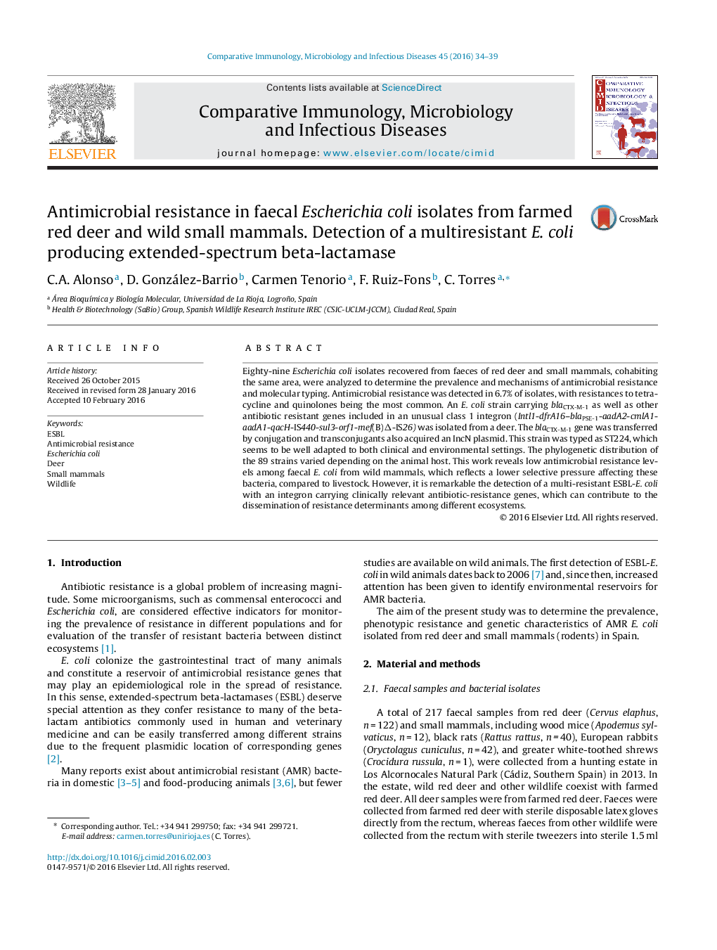 Antimicrobial resistance in faecal Escherichia coli isolates from farmed red deer and wild small mammals. Detection of a multiresistant E. coli producing extended-spectrum beta-lactamase