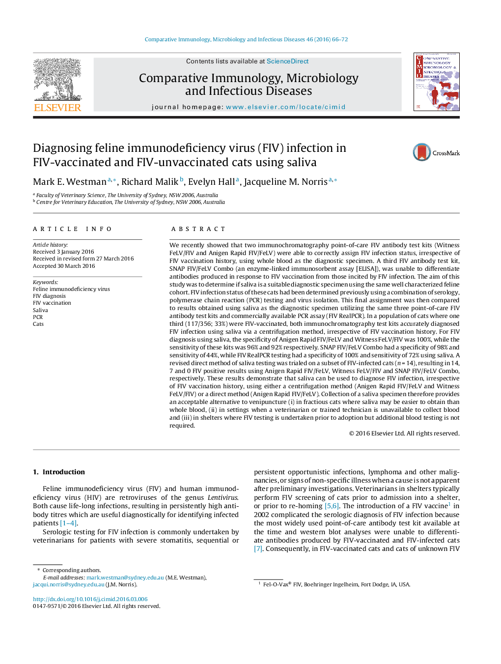 Diagnosing feline immunodeficiency virus (FIV) infection in FIV-vaccinated and FIV-unvaccinated cats using saliva