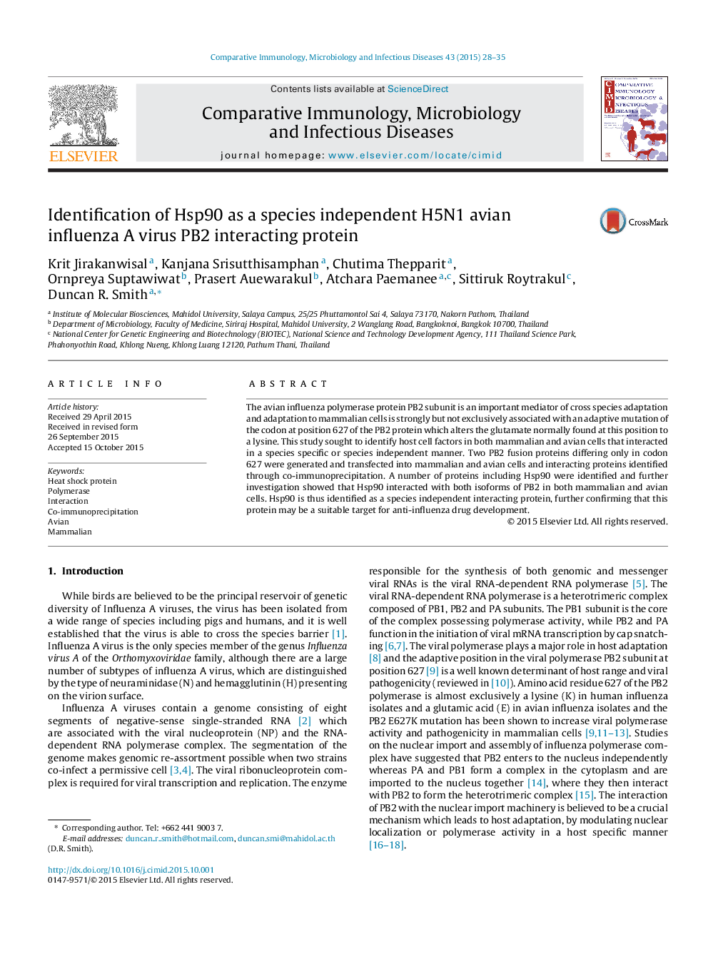 Identification of Hsp90 as a species independent H5N1 avian influenza A virus PB2 interacting protein