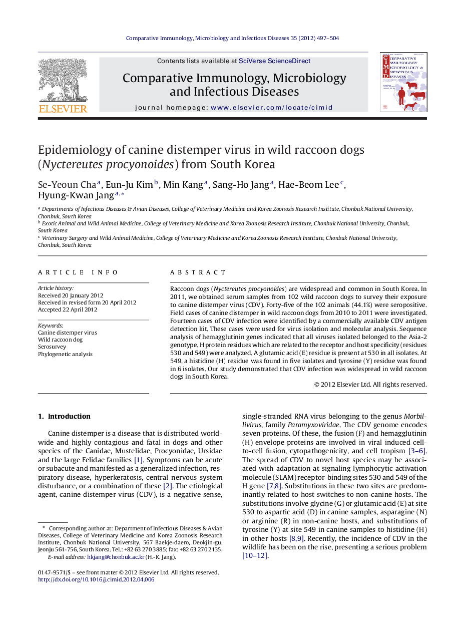 Epidemiology of canine distemper virus in wild raccoon dogs (Nyctereutes procyonoides) from South Korea