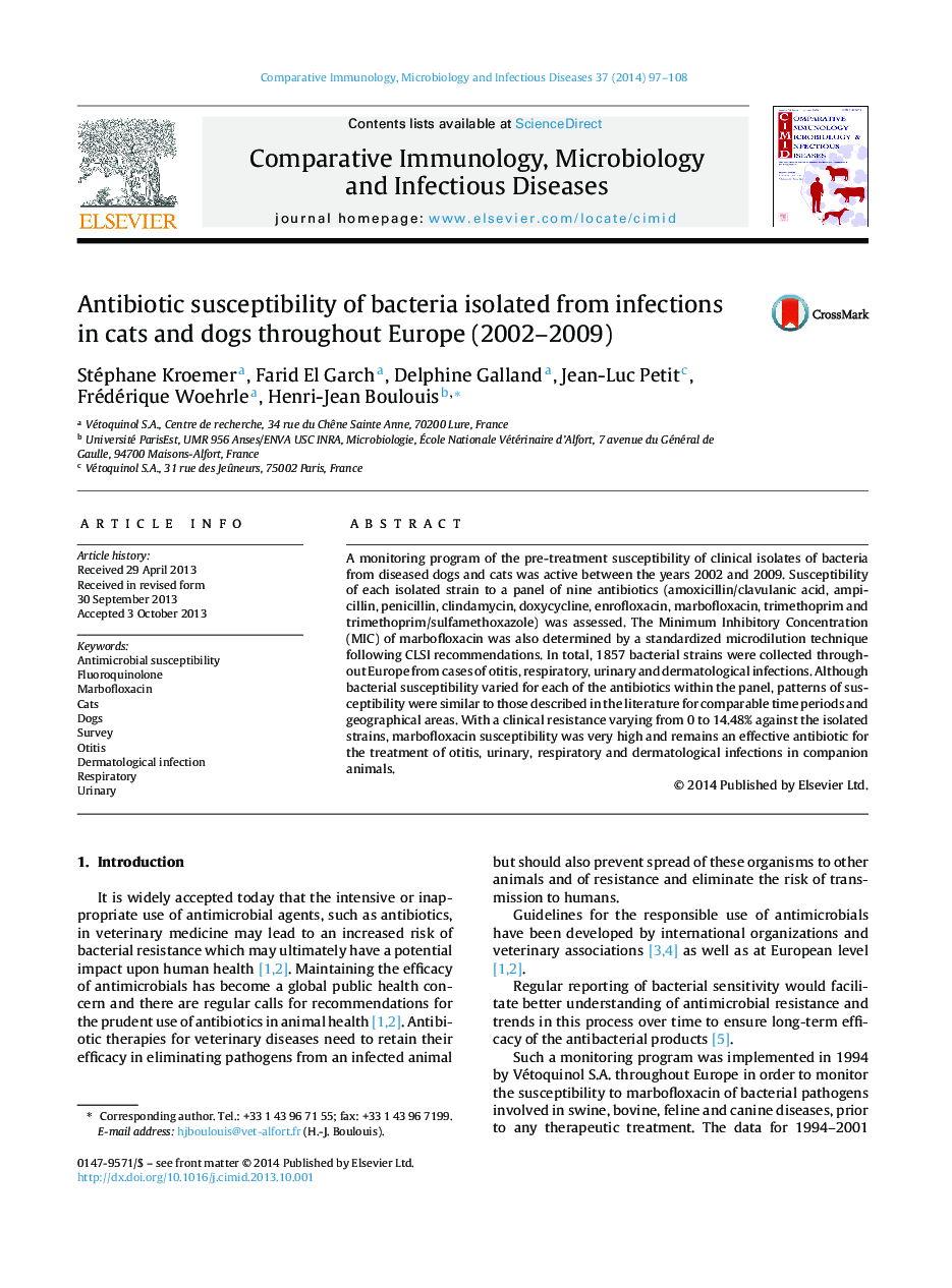 Antibiotic susceptibility of bacteria isolated from infections in cats and dogs throughout Europe (2002–2009)