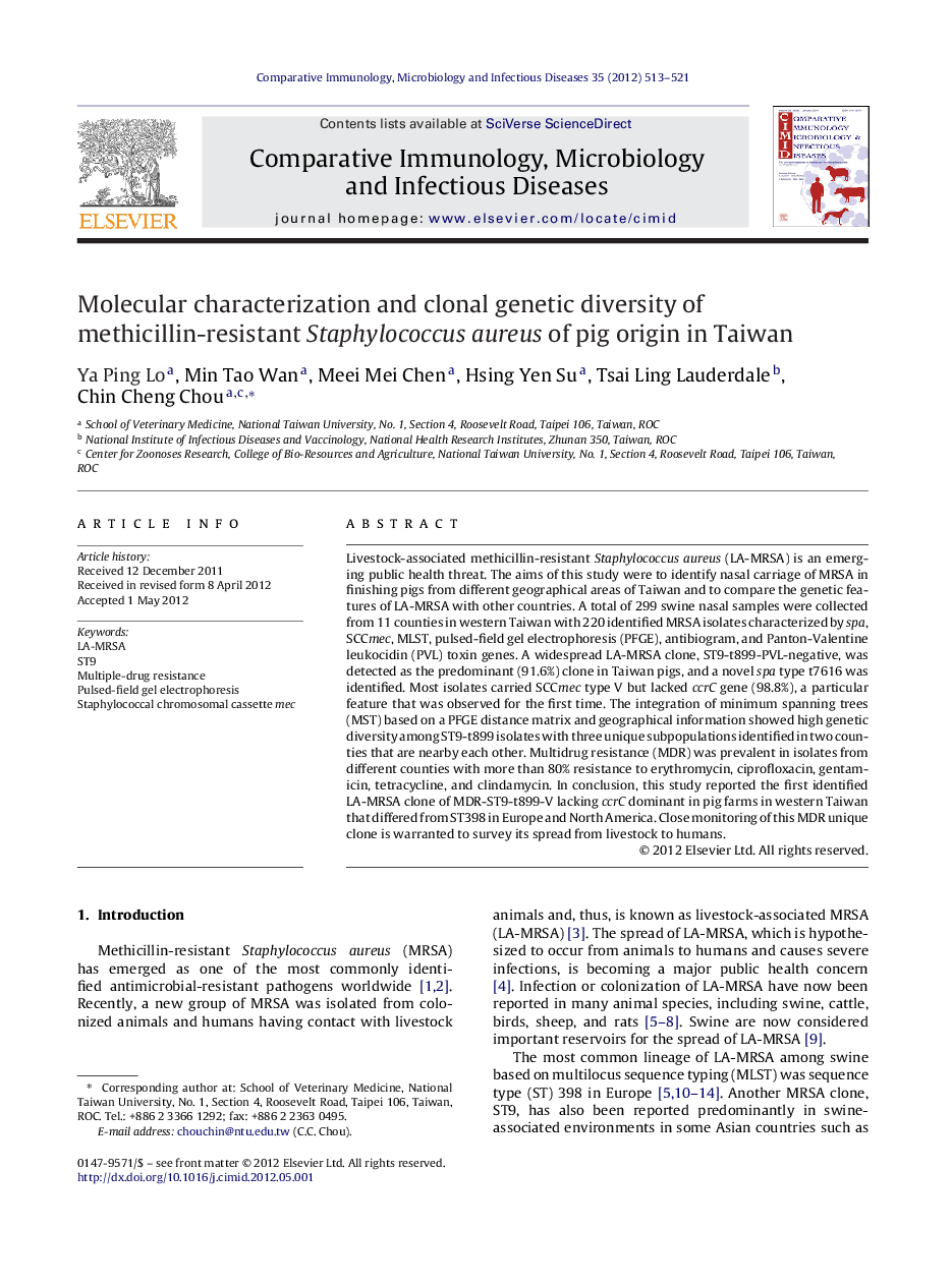 Molecular characterization and clonal genetic diversity of methicillin-resistant Staphylococcus aureus of pig origin in Taiwan