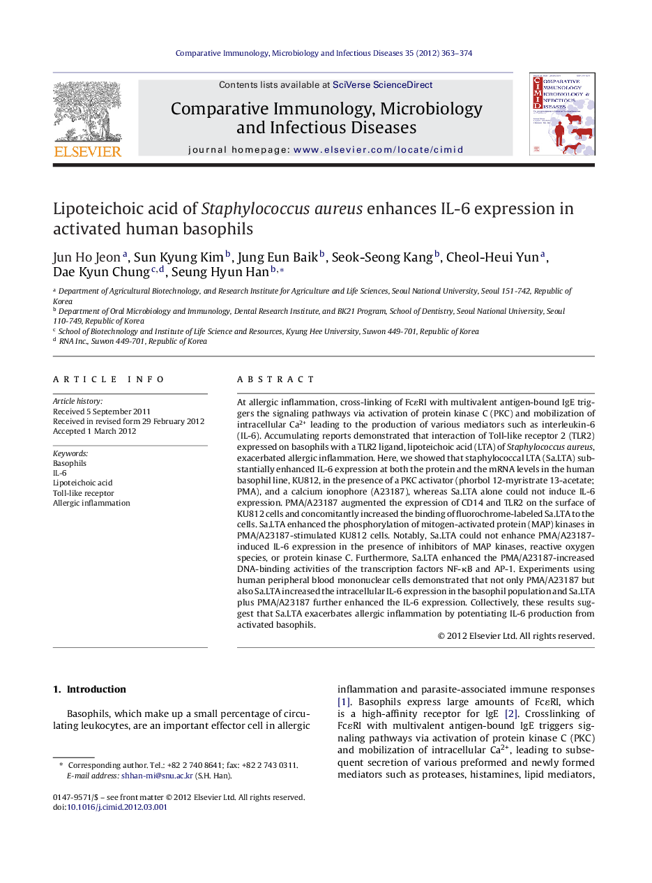 Lipoteichoic acid of Staphylococcus aureus enhances IL-6 expression in activated human basophils