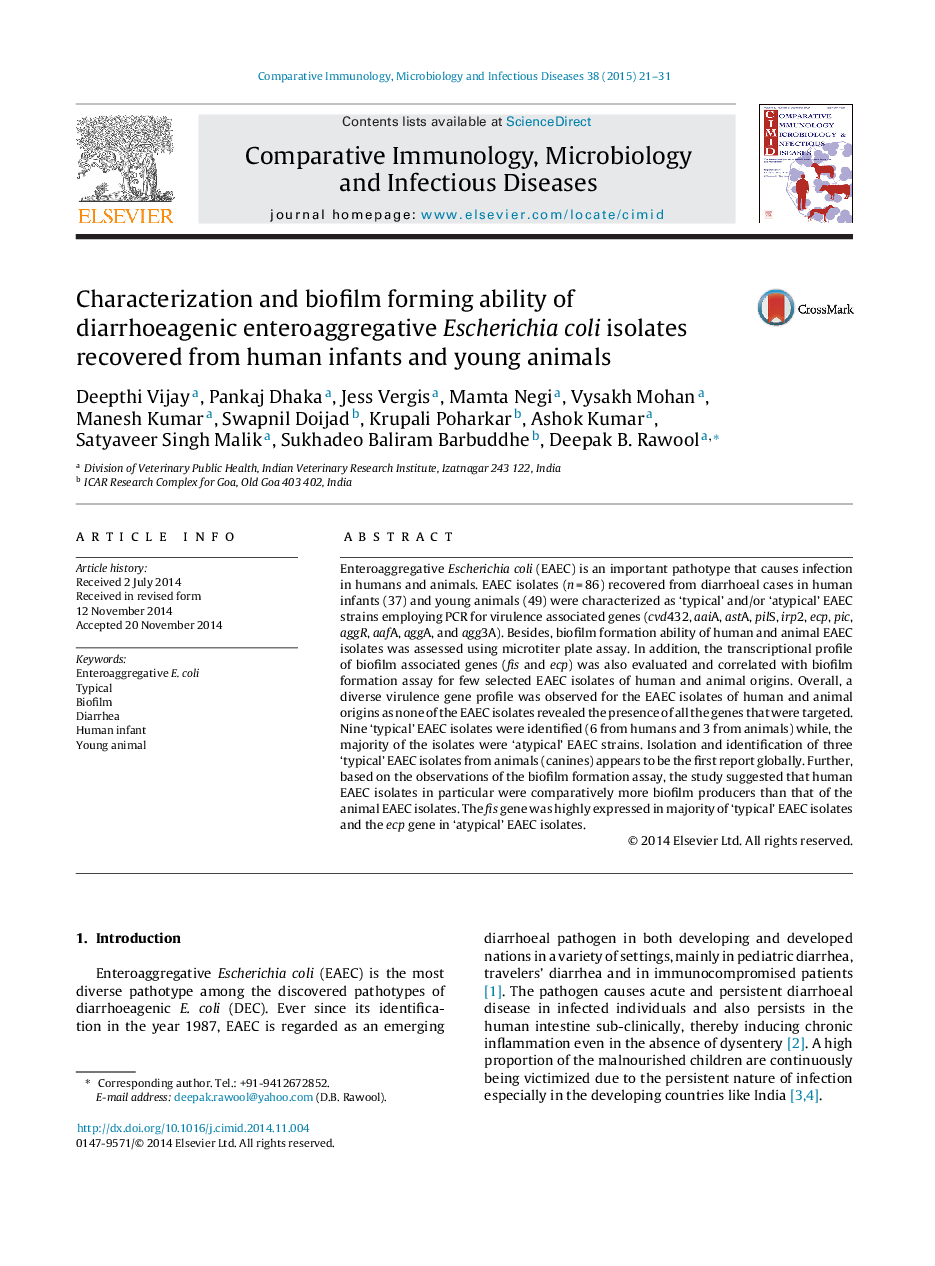 Characterization and biofilm forming ability of diarrhoeagenic enteroaggregative Escherichia coli isolates recovered from human infants and young animals