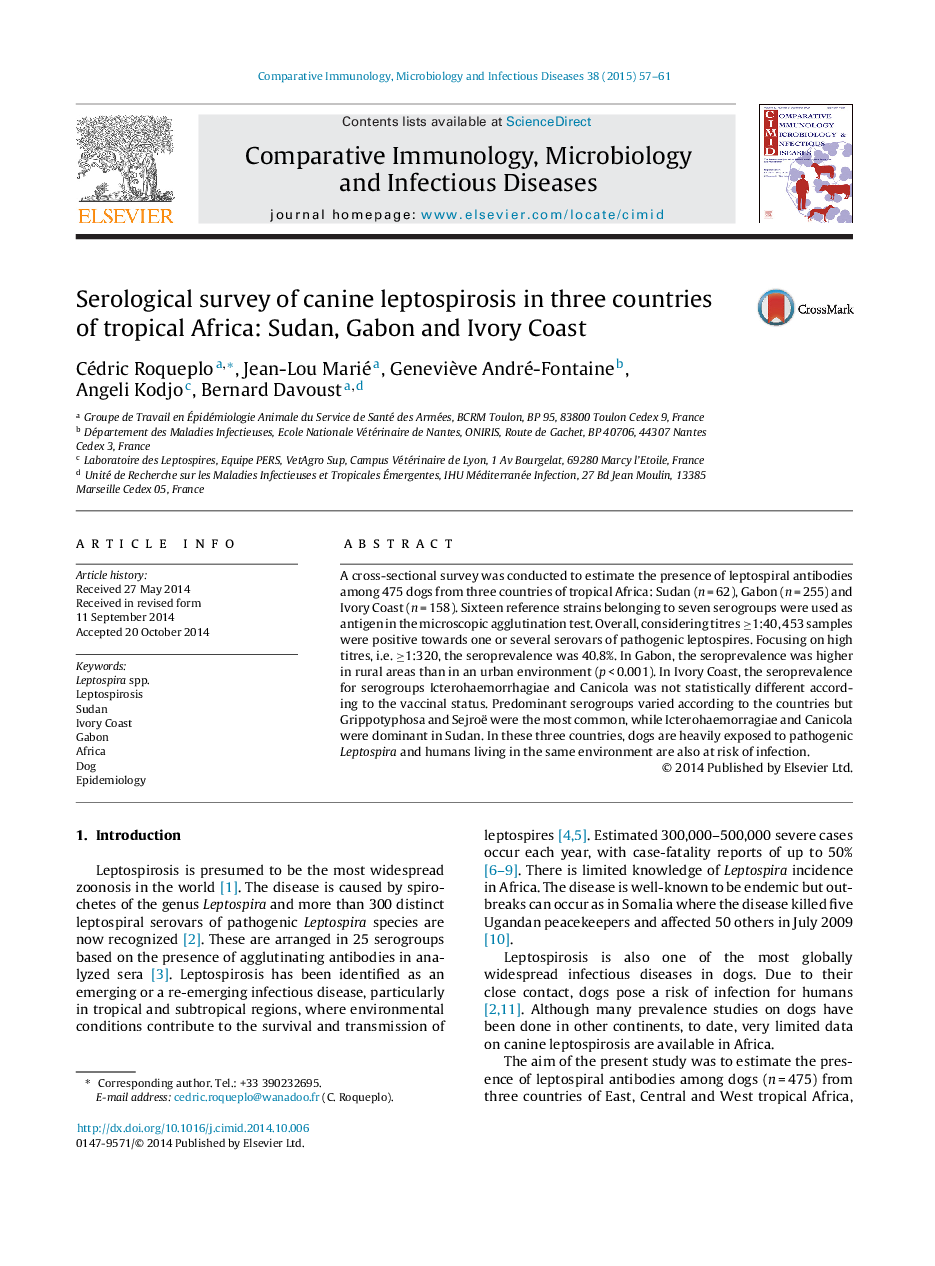 Serological survey of canine leptospirosis in three countries of tropical Africa: Sudan, Gabon and Ivory Coast