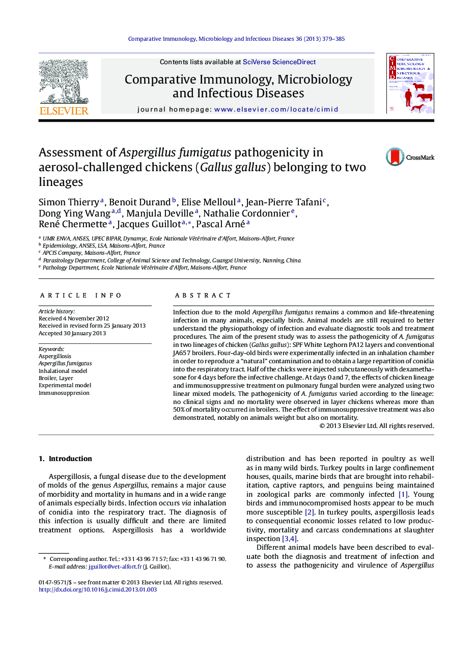 Assessment of Aspergillus fumigatus pathogenicity in aerosol-challenged chickens (Gallus gallus) belonging to two lineages