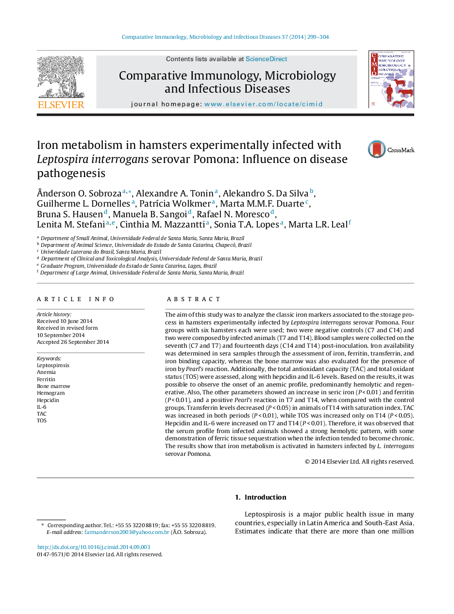 Iron metabolism in hamsters experimentally infected with Leptospira interrogans serovar Pomona: Influence on disease pathogenesis