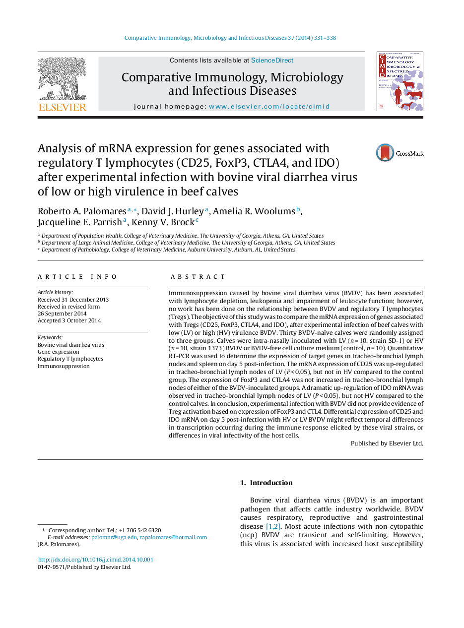 Analysis of mRNA expression for genes associated with regulatory T lymphocytes (CD25, FoxP3, CTLA4, and IDO) after experimental infection with bovine viral diarrhea virus of low or high virulence in beef calves