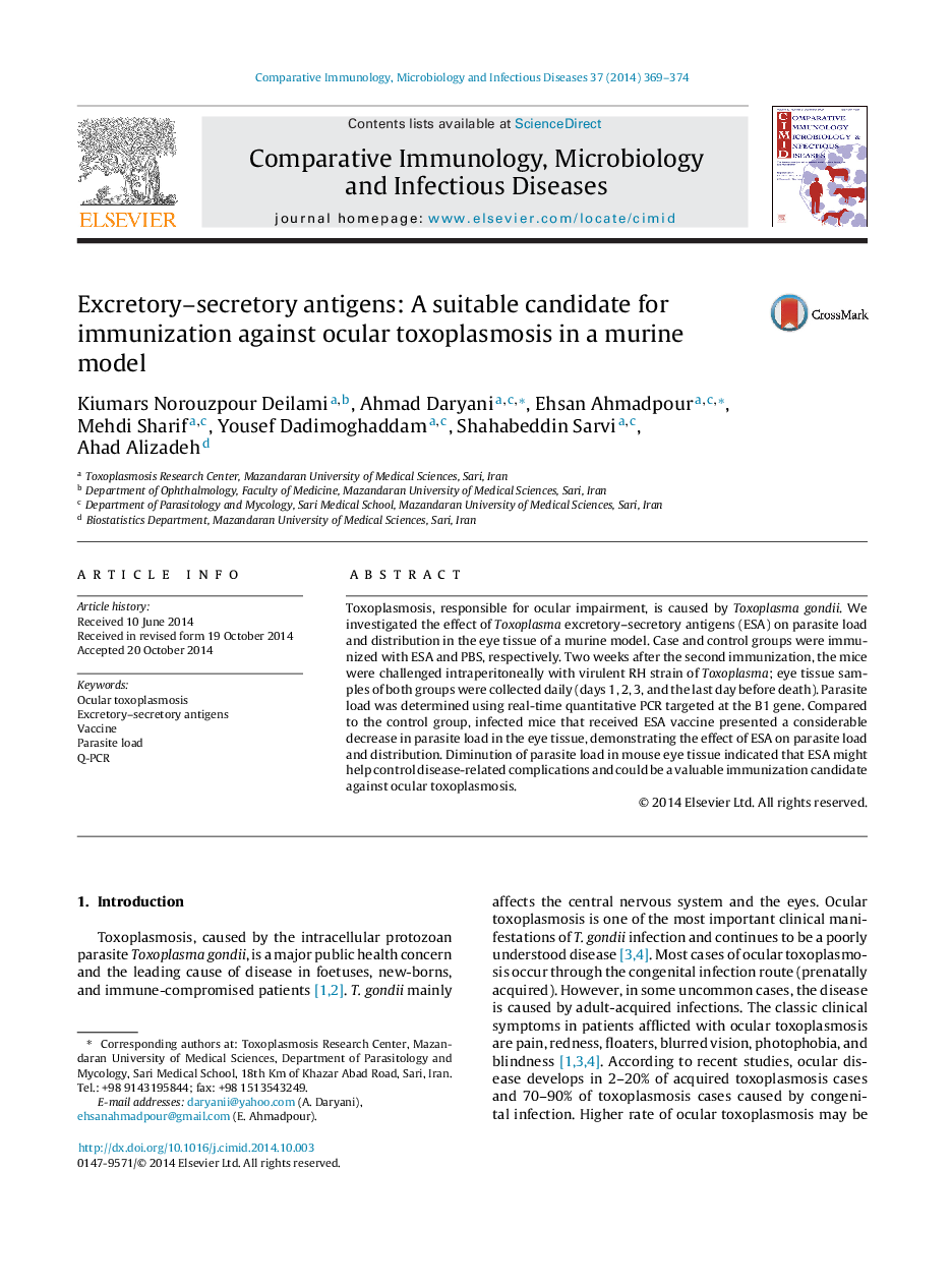 Excretory–secretory antigens: A suitable candidate for immunization against ocular toxoplasmosis in a murine model