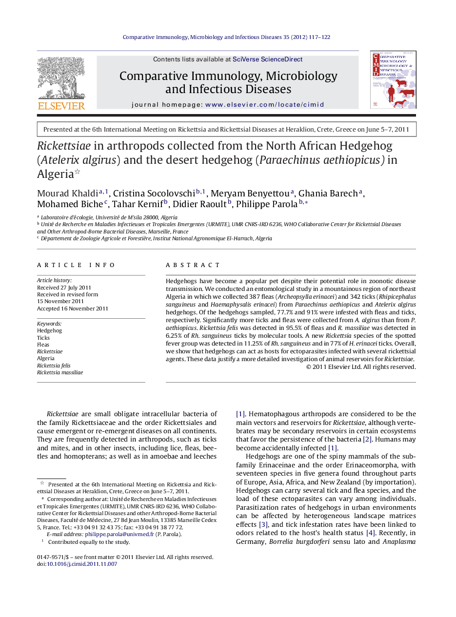 Rickettsiae in arthropods collected from the North African Hedgehog (Atelerix algirus) and the desert hedgehog (Paraechinus aethiopicus) in Algeria 