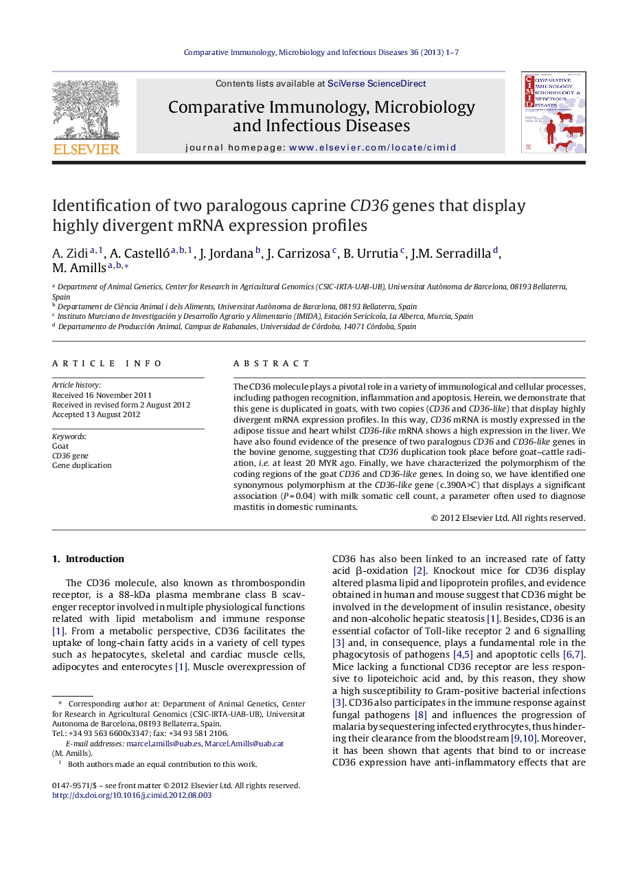 Identification of two paralogous caprine CD36 genes that display highly divergent mRNA expression profiles