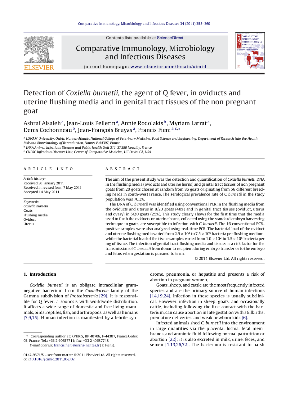 Detection of Coxiella burnetii, the agent of Q fever, in oviducts and uterine flushing media and in genital tract tissues of the non pregnant goat