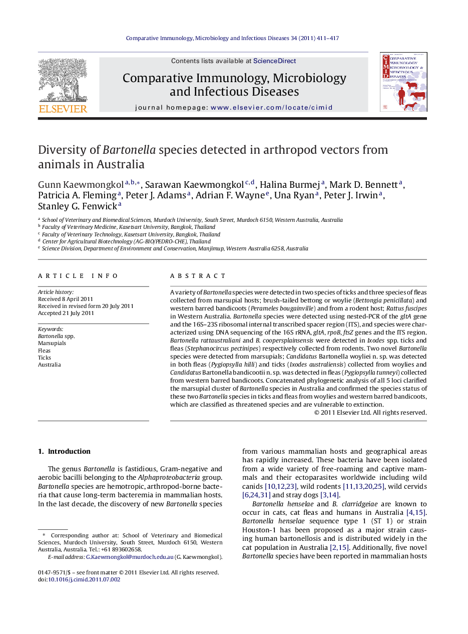 Diversity of Bartonella species detected in arthropod vectors from animals in Australia